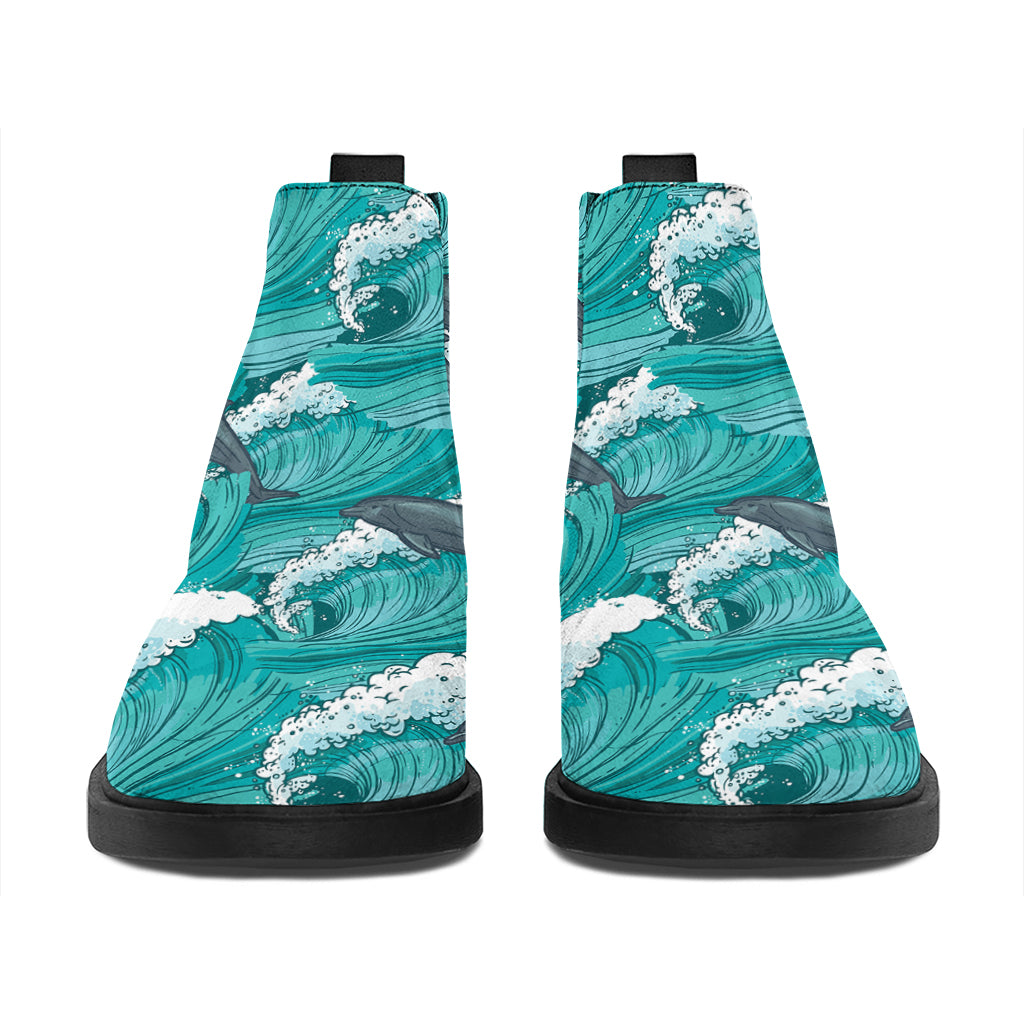 Dolphin Riding Waves Pattern Print Flat Ankle Boots