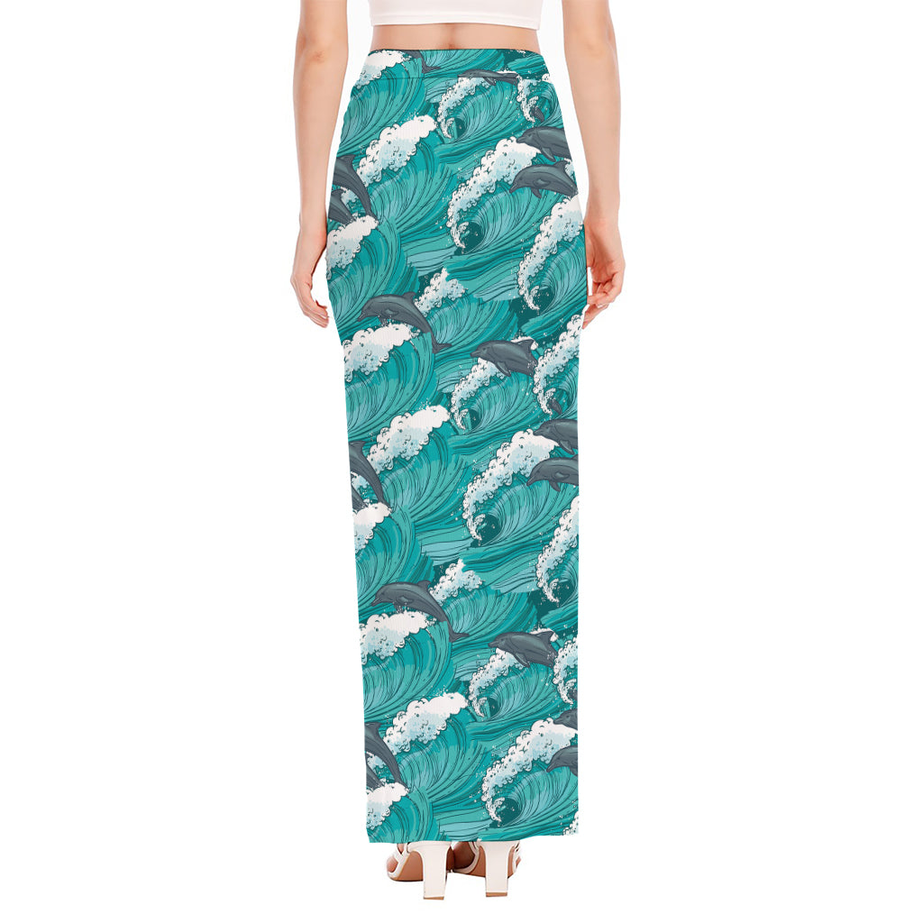 Dolphin Riding Waves Pattern Print High Slit Maxi Skirt