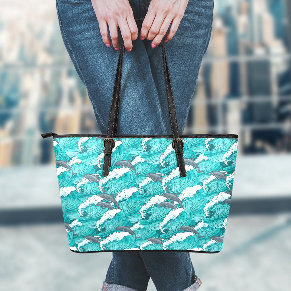 Dolphin Riding Waves Pattern Print Leather Tote Bag