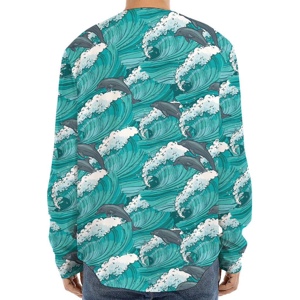 Dolphin Riding Waves Pattern Print Long Sleeve Baseball Jersey