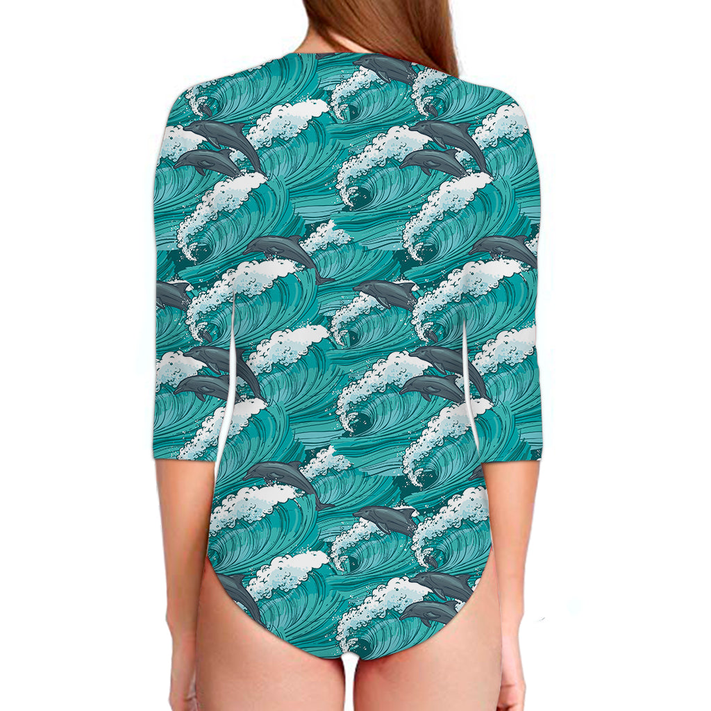 Dolphin Riding Waves Pattern Print Long Sleeve Swimsuit