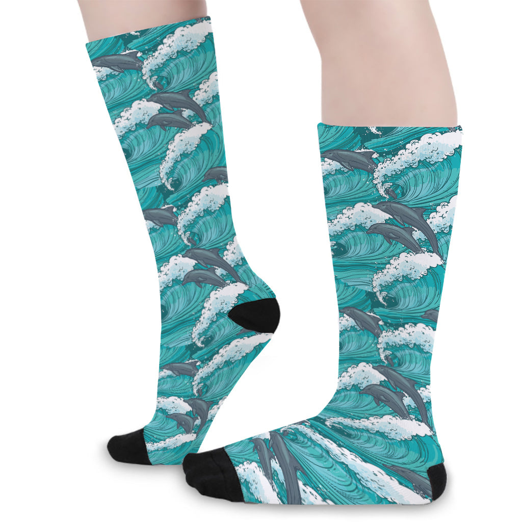 Dolphin Riding Waves Pattern Print Long Socks