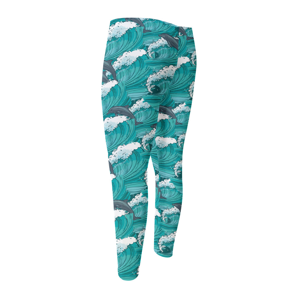 Dolphin Riding Waves Pattern Print Men's Compression Pants