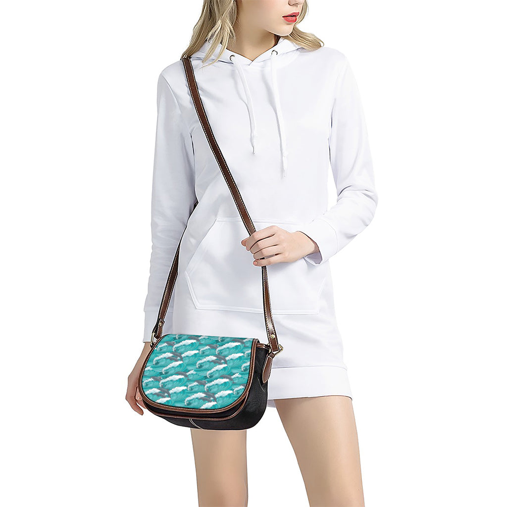 Dolphin Riding Waves Pattern Print Saddle Bag