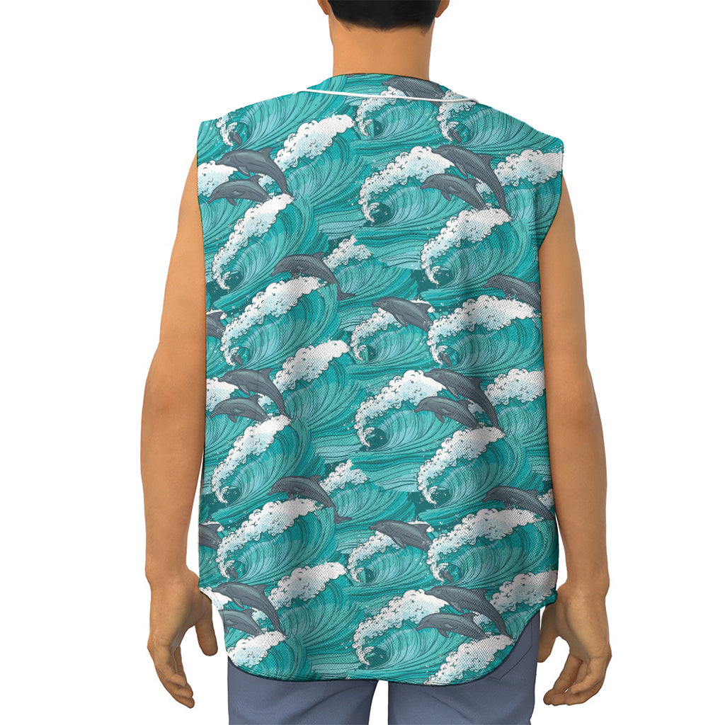 Dolphin Riding Waves Pattern Print Sleeveless Baseball Jersey
