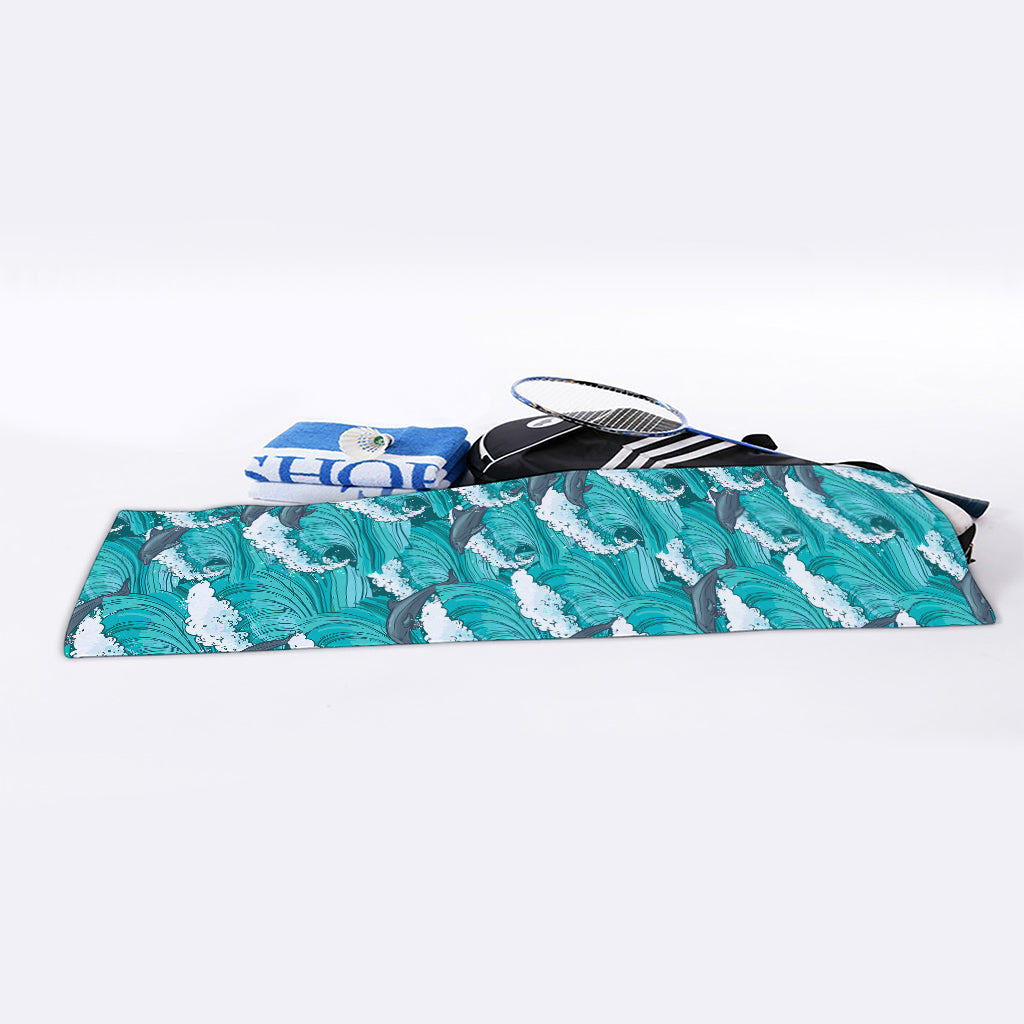 Dolphin Riding Waves Pattern Print Sports Towel