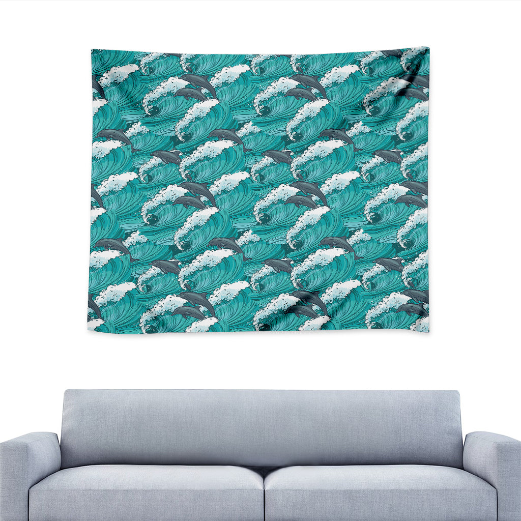 Dolphin Riding Waves Pattern Print Tapestry