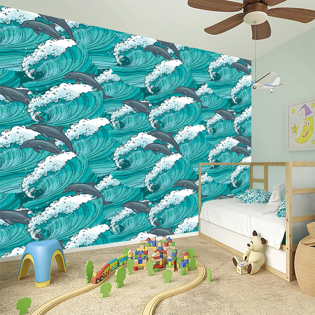 Dolphin Riding Waves Pattern Print Wall Sticker