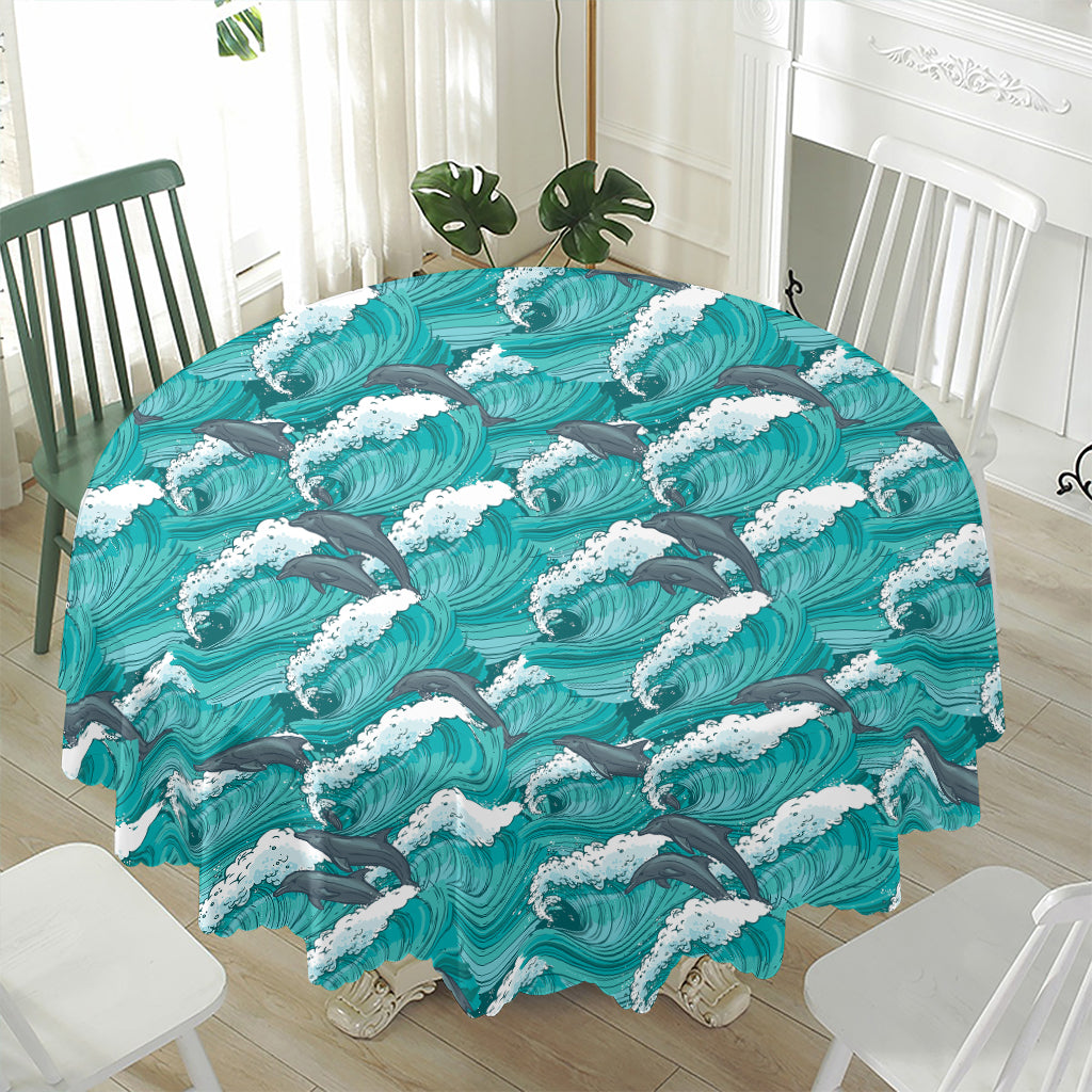 Dolphin Riding Waves Pattern Print Waterproof Round Tablecloth