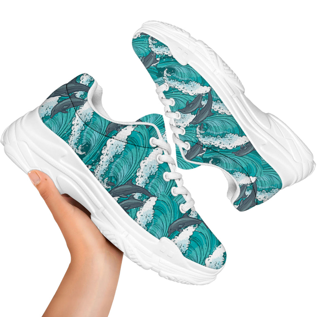 Dolphin Riding Waves Pattern Print White Chunky Shoes