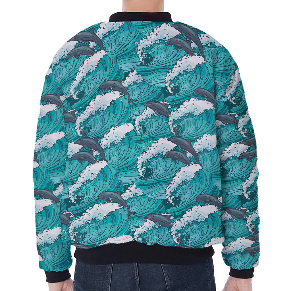 Dolphin Riding Waves Pattern Print Zip Sleeve Bomber Jacket