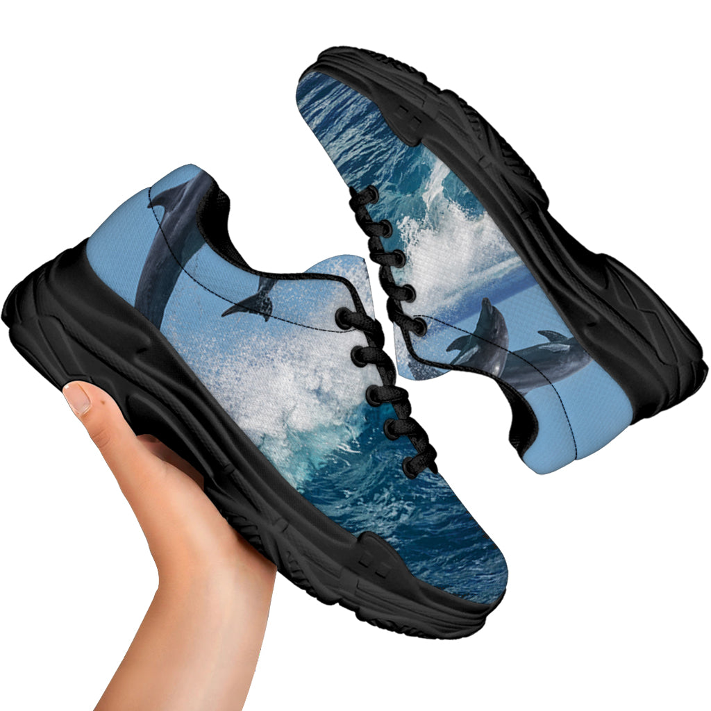 Dolphins Jumping Over Waves Print Black Chunky Shoes