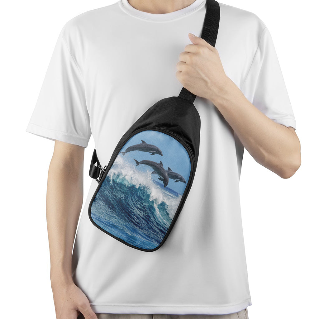 Dolphins Jumping Over Waves Print Chest Bag