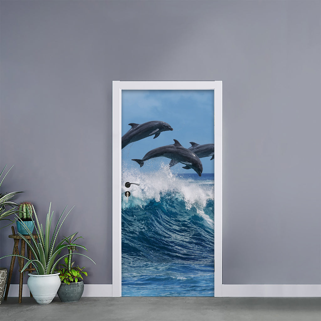 Dolphins Jumping Over Waves Print Door Sticker