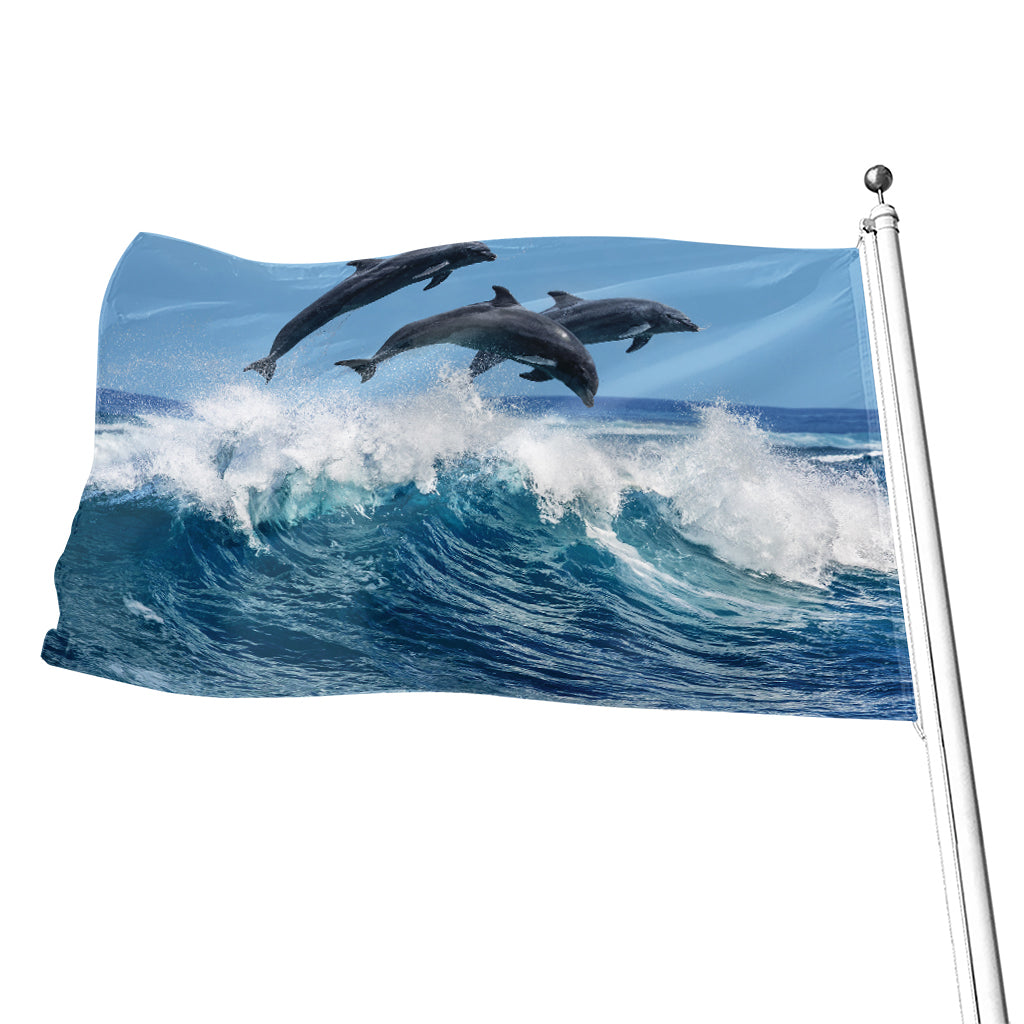 Dolphins Jumping Over Waves Print Flag