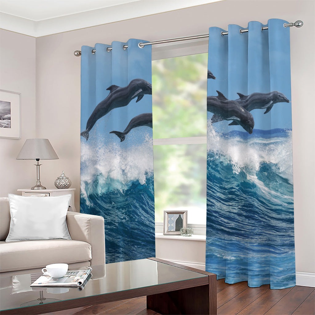 Dolphins Jumping Over Waves Print Grommet Curtains