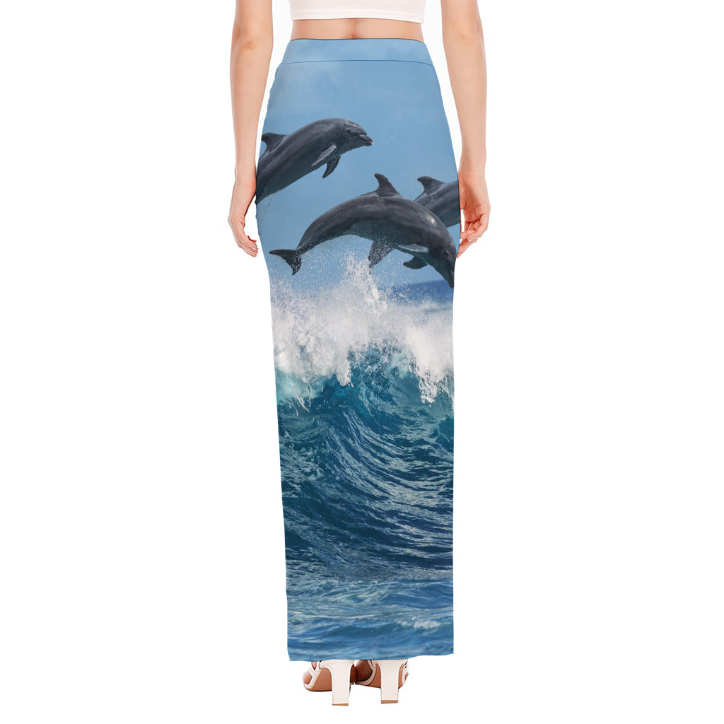 Dolphins Jumping Over Waves Print High Slit Maxi Skirt