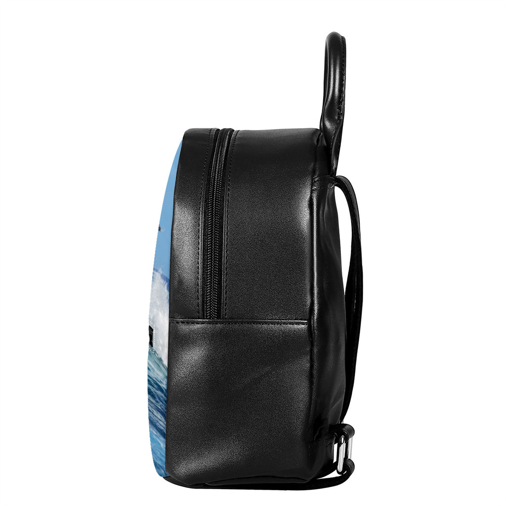Dolphins Jumping Over Waves Print Leather Backpack