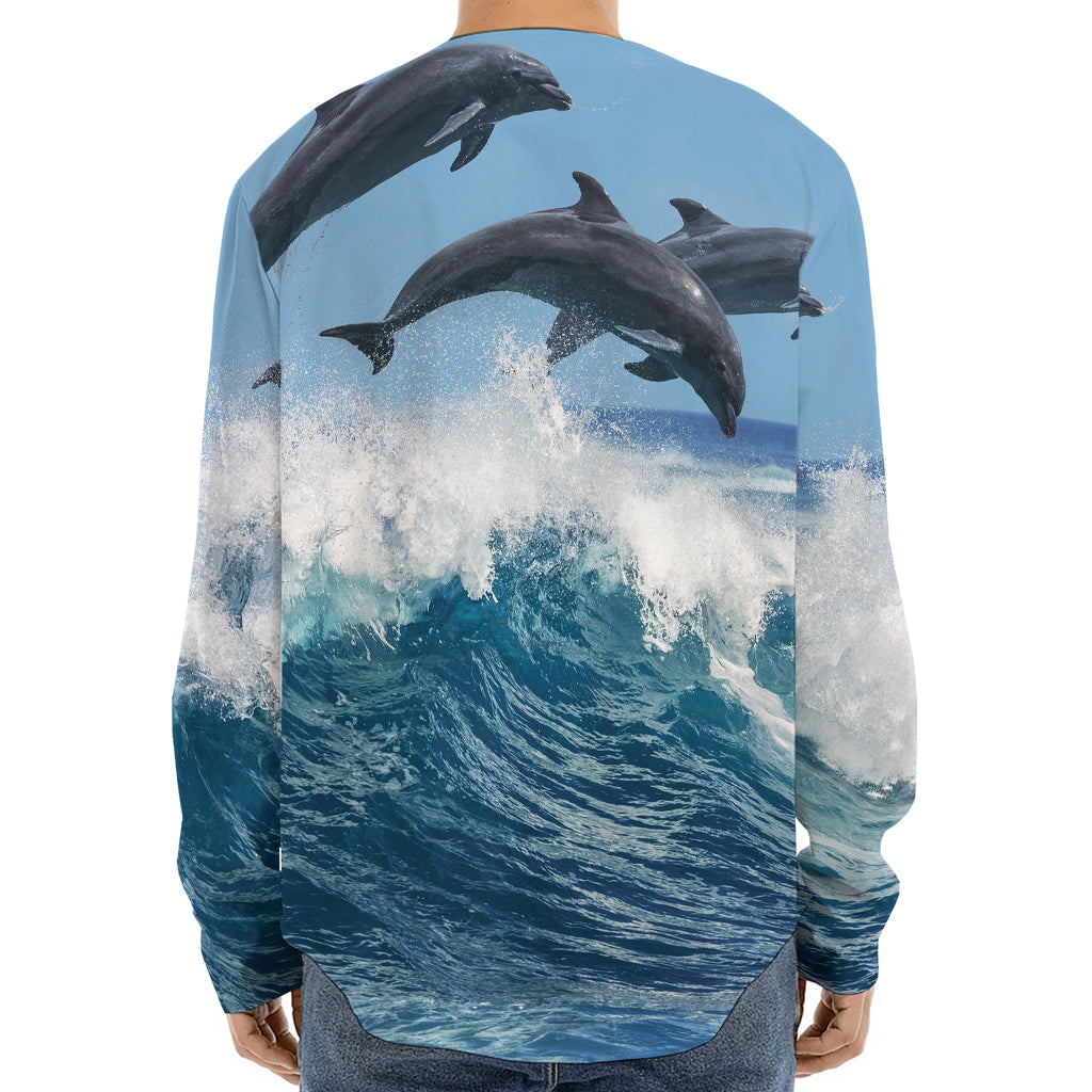 Dolphins Jumping Over Waves Print Long Sleeve Baseball Jersey