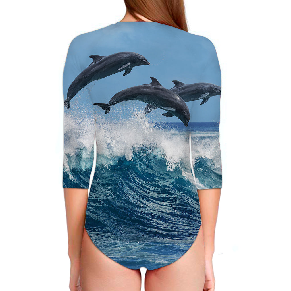 Dolphins Jumping Over Waves Print Long Sleeve Swimsuit