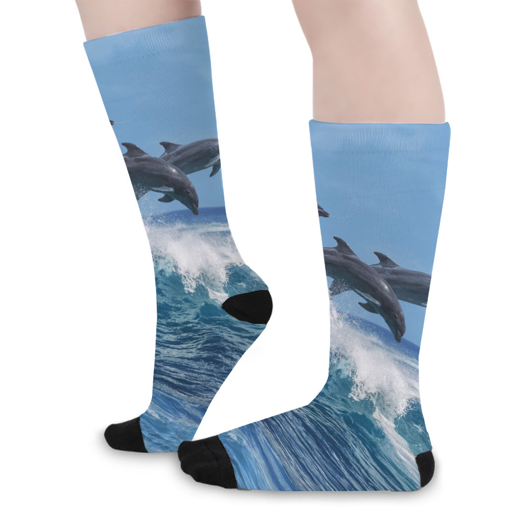 Dolphins Jumping Over Waves Print Long Socks