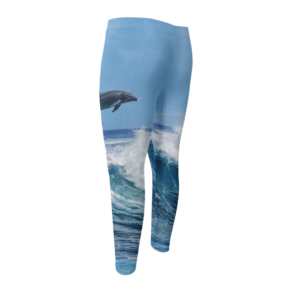 Dolphins Jumping Over Waves Print Men's Compression Pants