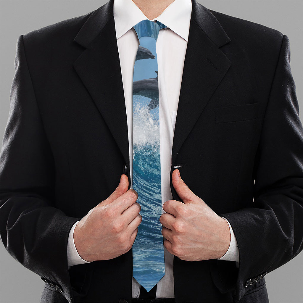Dolphins Jumping Over Waves Print Necktie