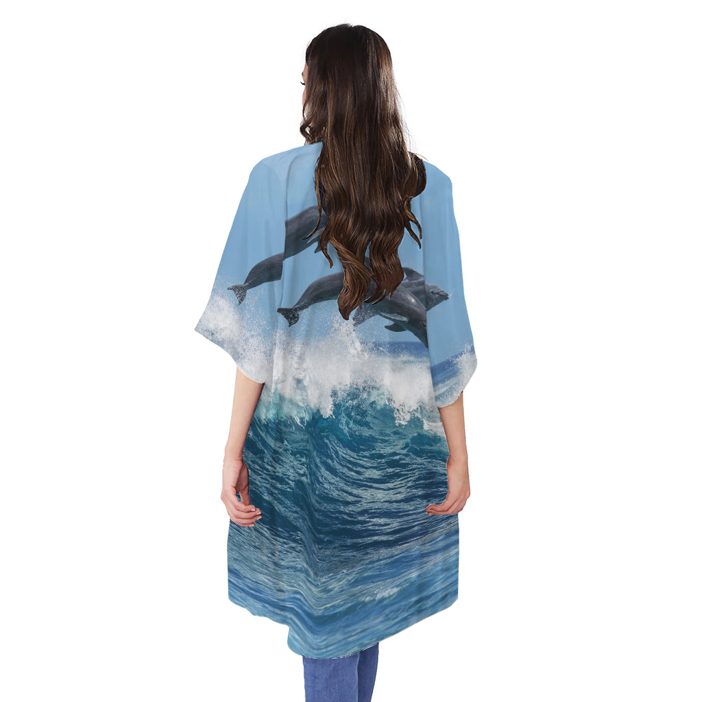 Dolphins Jumping Over Waves Print Open Front Beach Cover Up