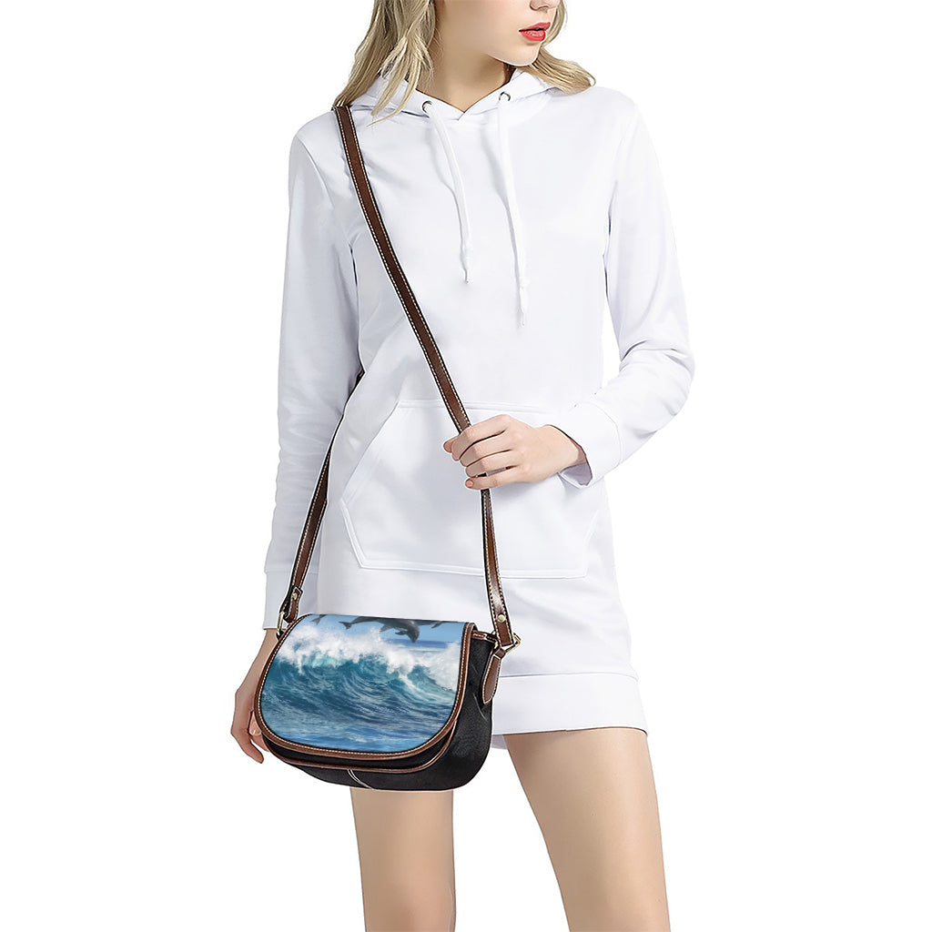 Dolphins Jumping Over Waves Print Saddle Bag