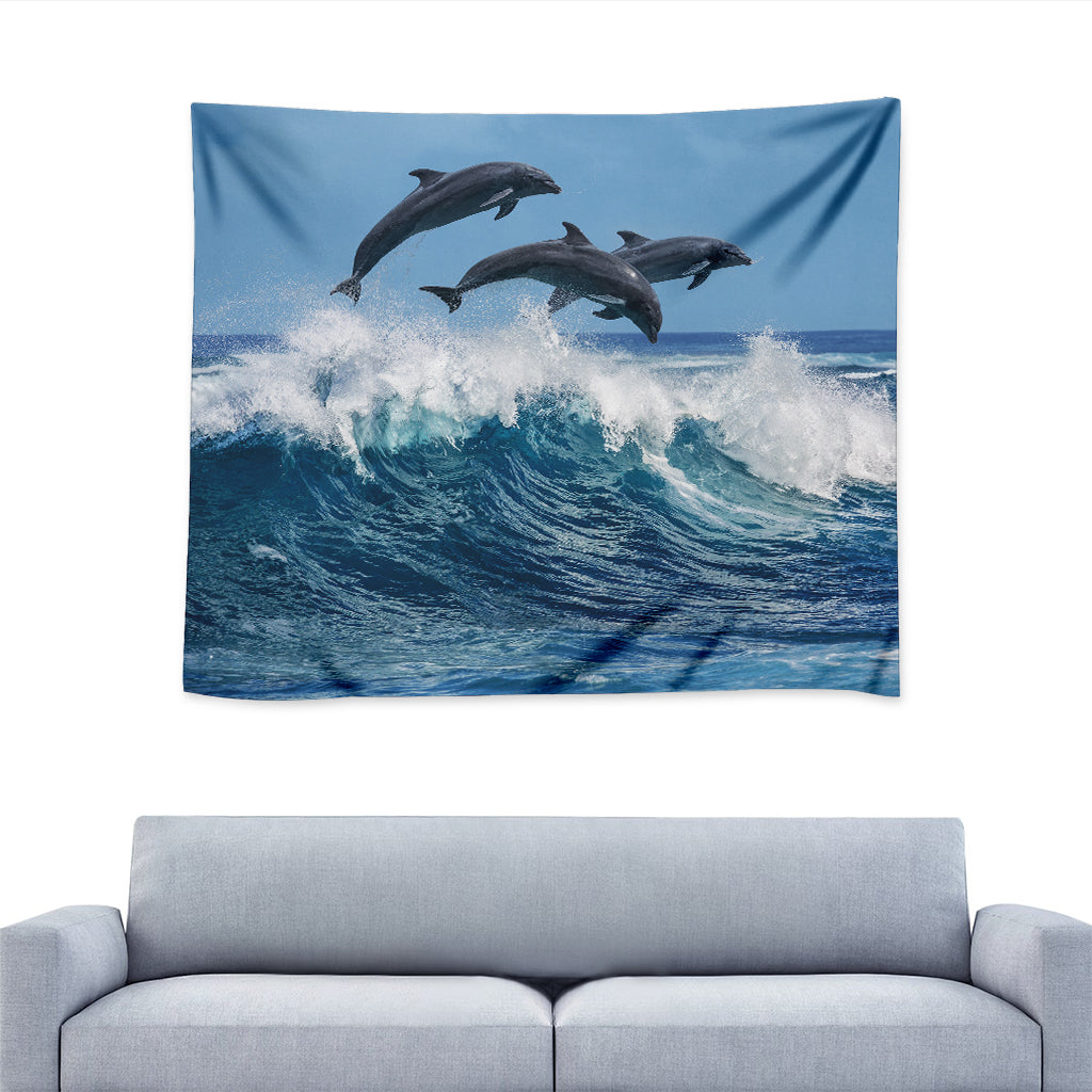 Dolphins Jumping Over Waves Print Tapestry