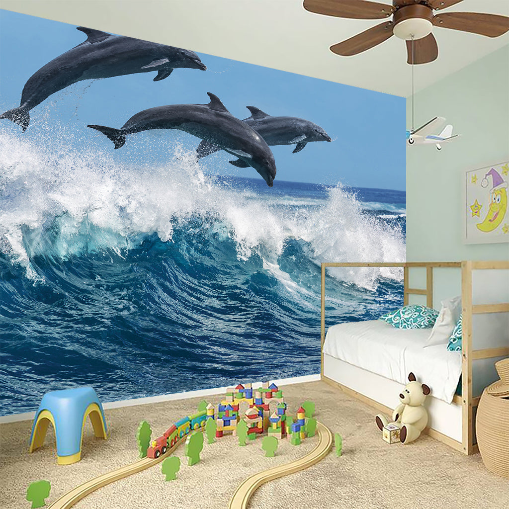 Dolphins Jumping Over Waves Print Wall Sticker