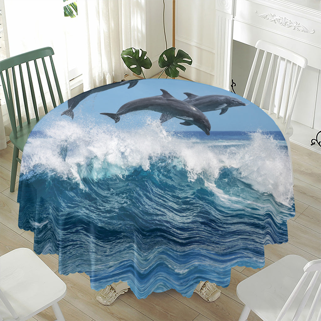 Dolphins Jumping Over Waves Print Waterproof Round Tablecloth