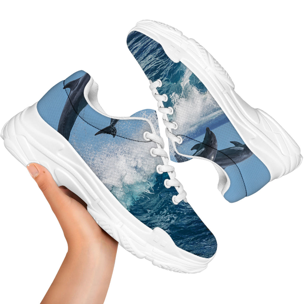Dolphins Jumping Over Waves Print White Chunky Shoes