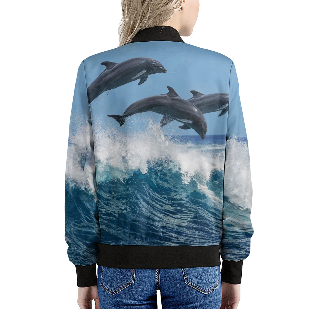 Dolphins Jumping Over Waves Print Women's Bomber Jacket