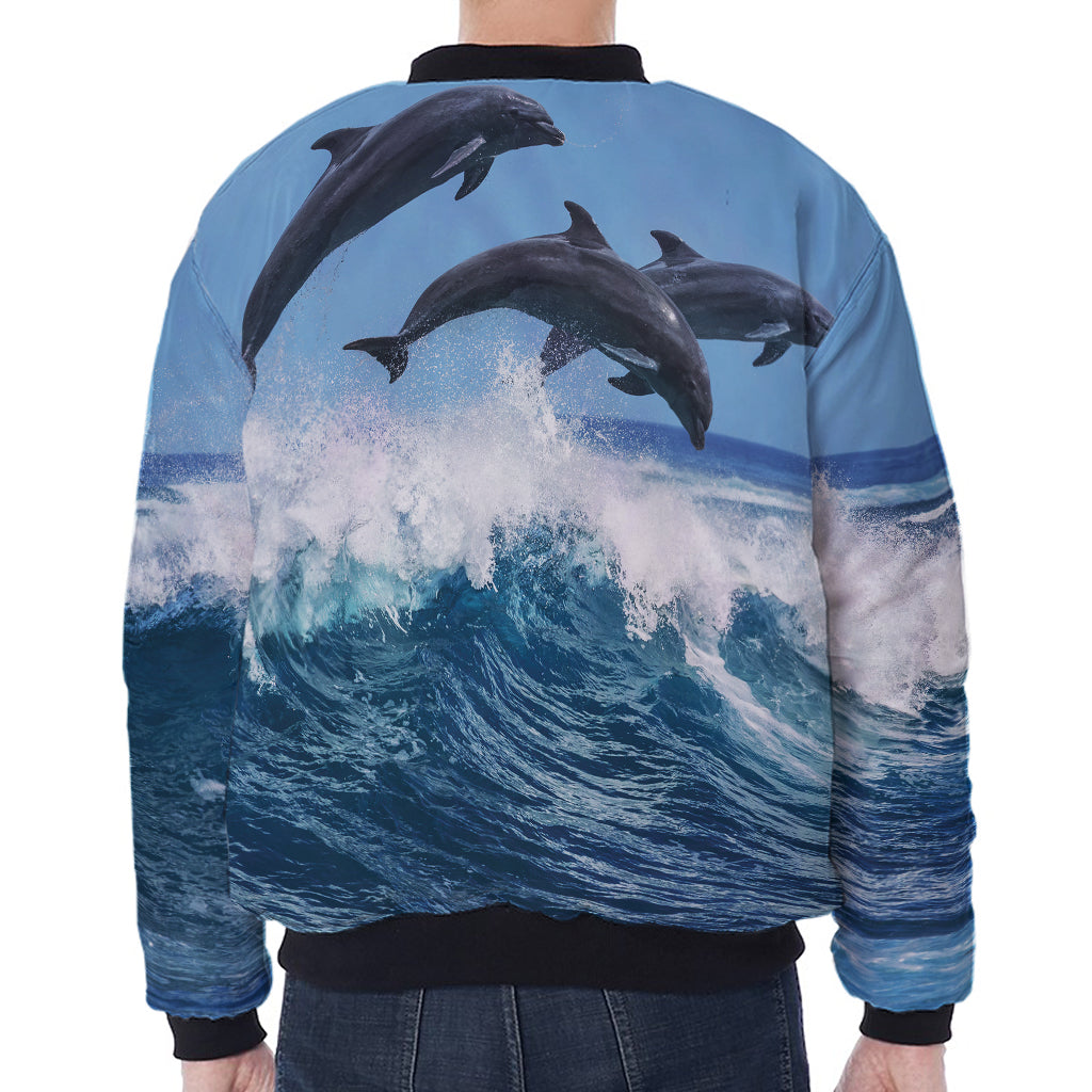 Dolphins Jumping Over Waves Print Zip Sleeve Bomber Jacket