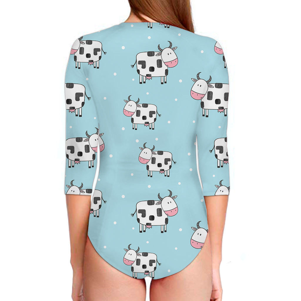 Doodle Cow Pattern Print Long Sleeve Swimsuit