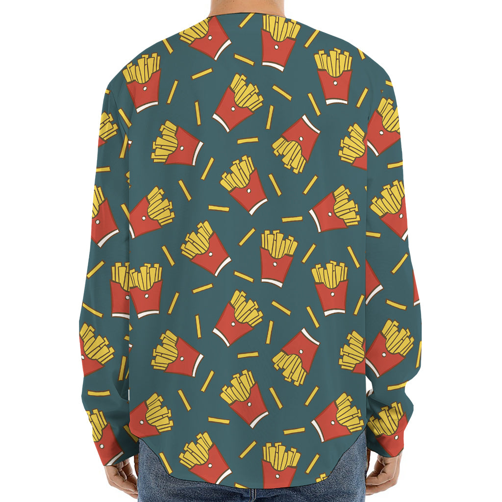 Doodle French Fries Pattern Print Long Sleeve Baseball Jersey