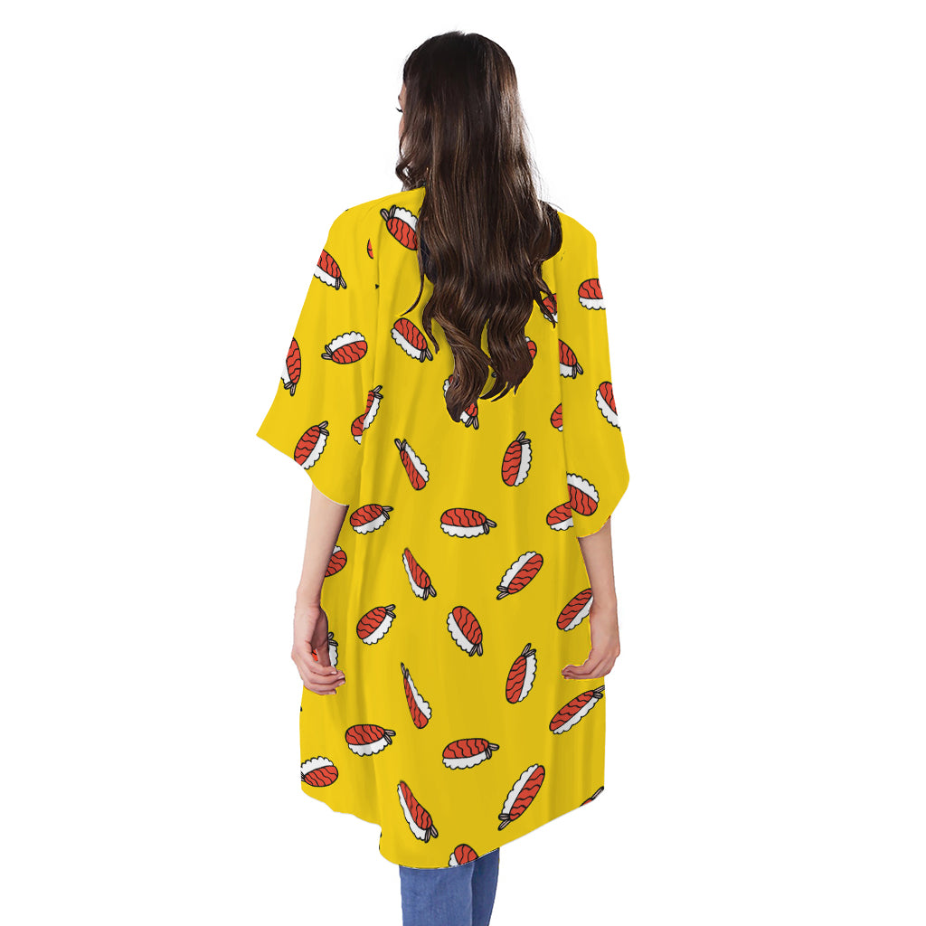 Doodle Japanese Sushi Pattern Print Open Front Beach Cover Up