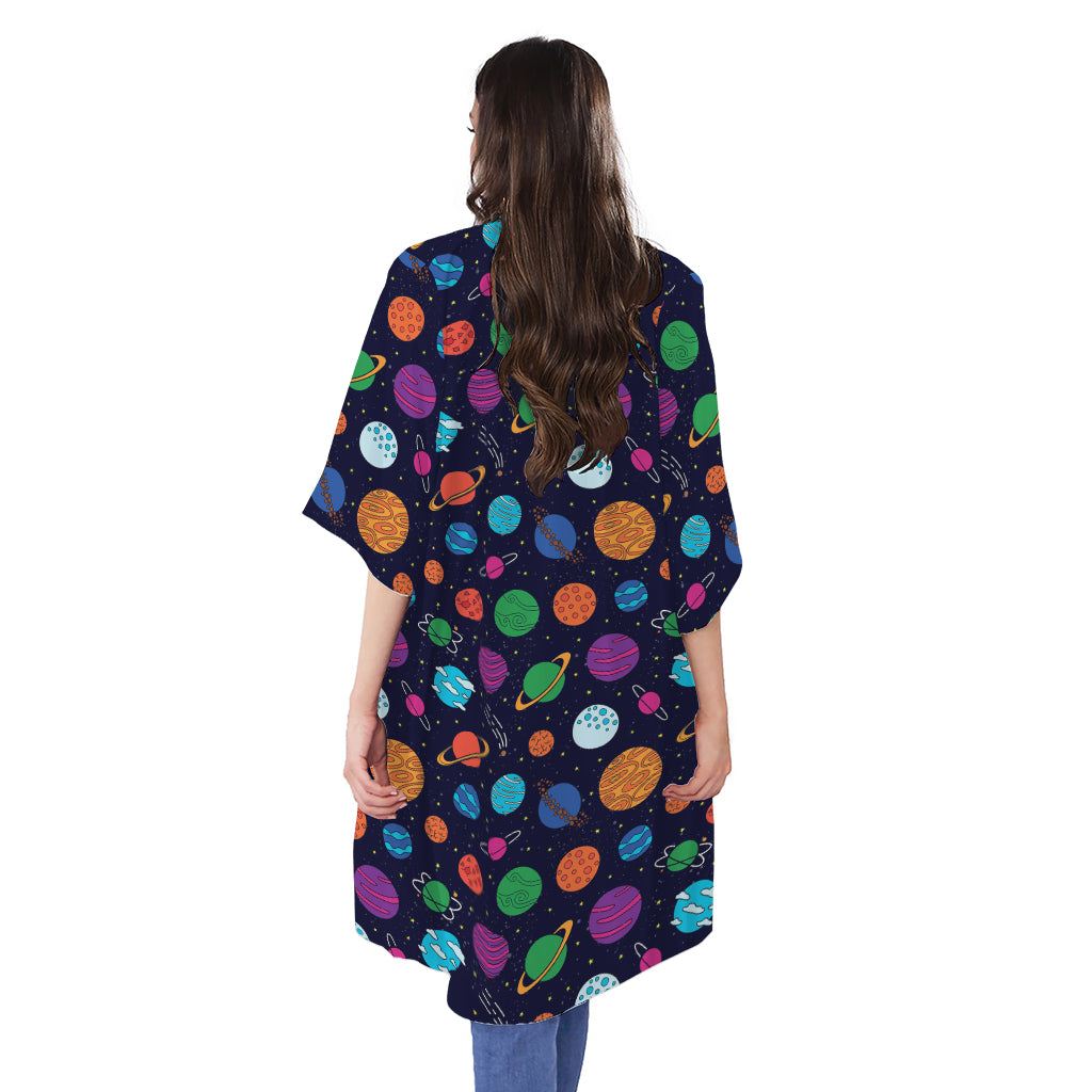 Doodle Planets Pattern Print Open Front Beach Cover Up