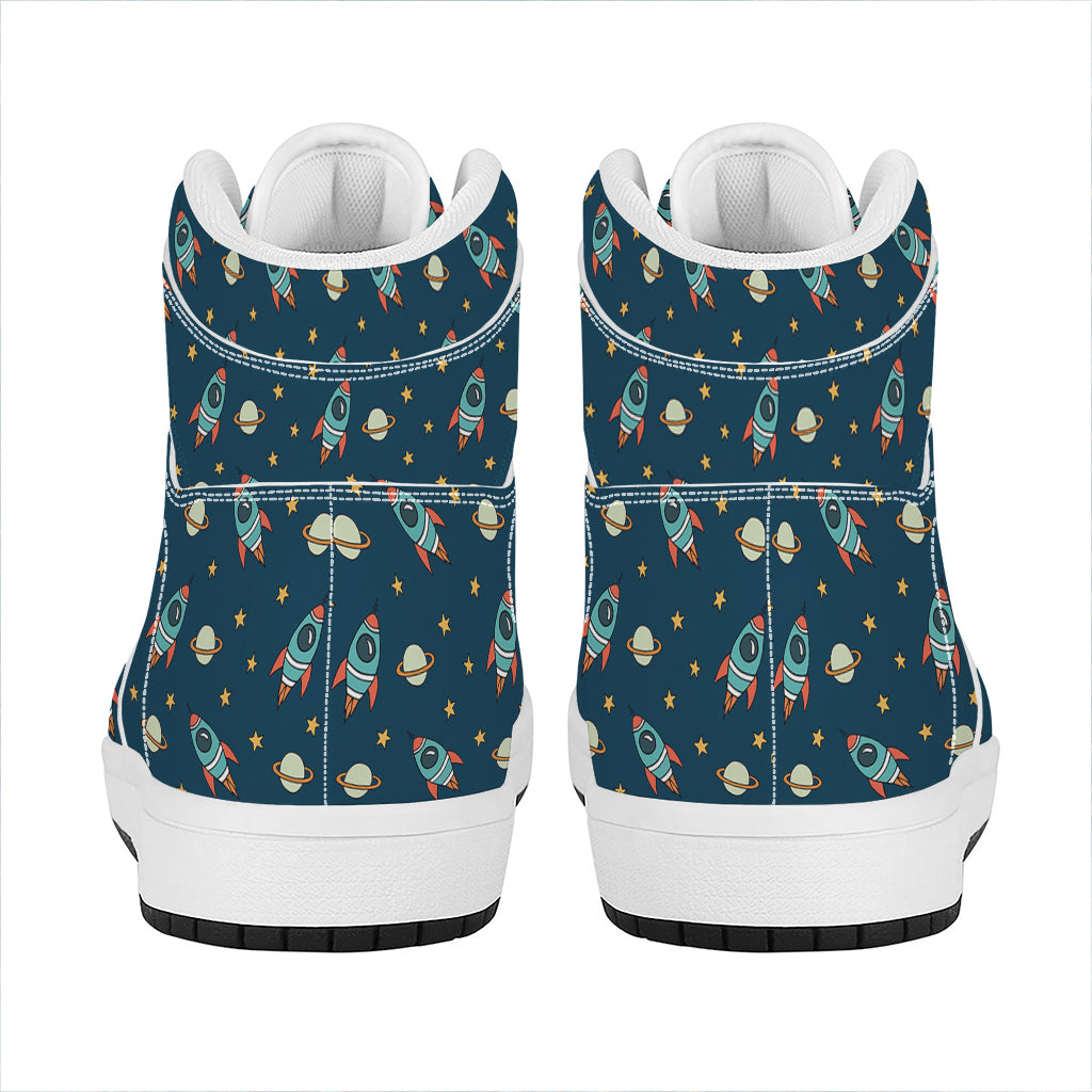 Doodle Rocket Pattern Print High Top Leather Sneakers