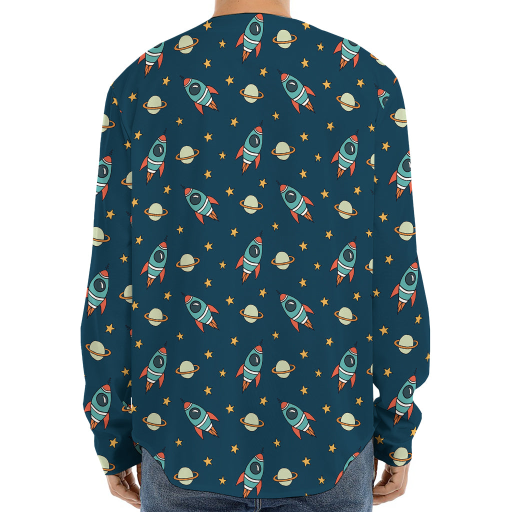 Doodle Rocket Pattern Print Long Sleeve Baseball Jersey