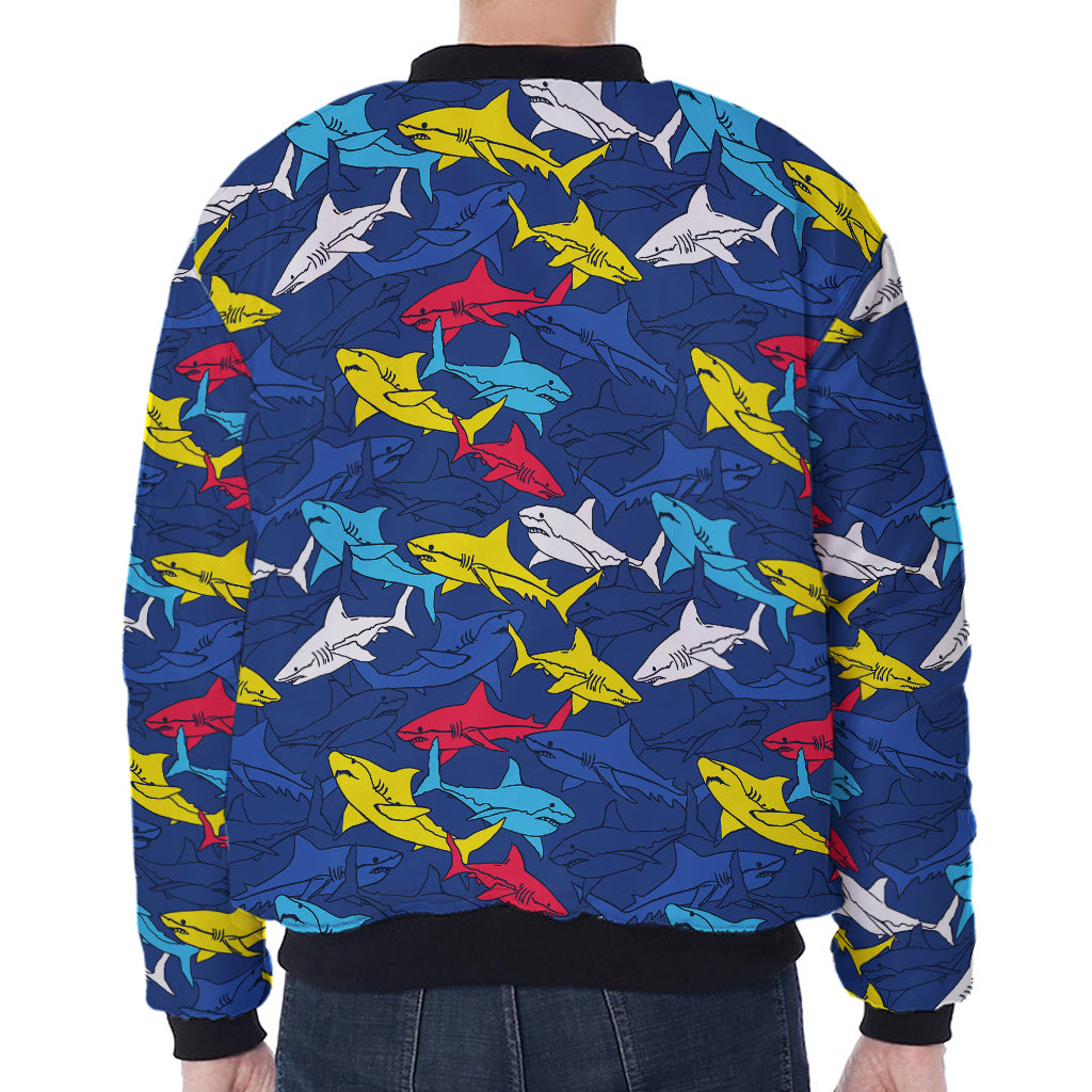 Doodle Shark Pattern Print Zip Sleeve Bomber Jacket