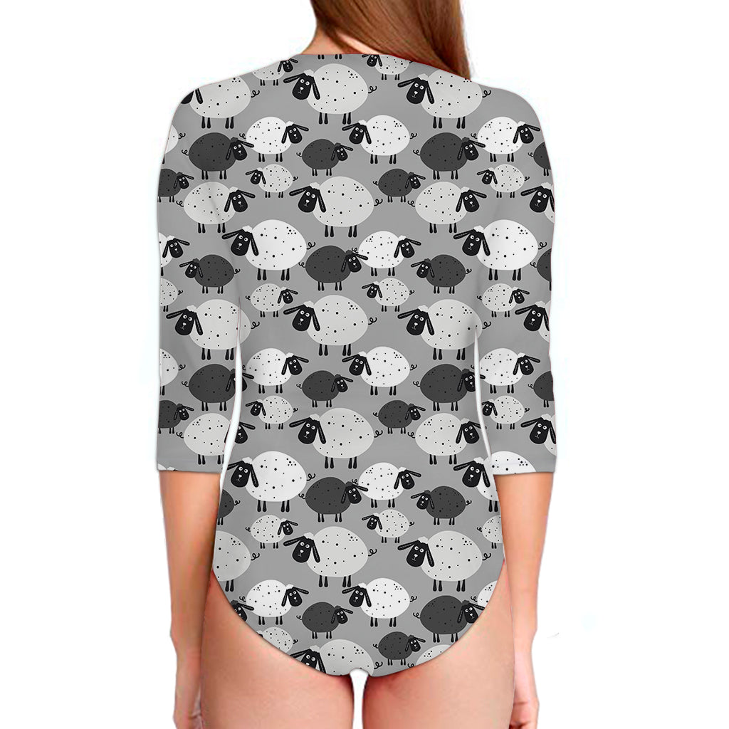 Doodle Sheep Pattern Print Long Sleeve Swimsuit