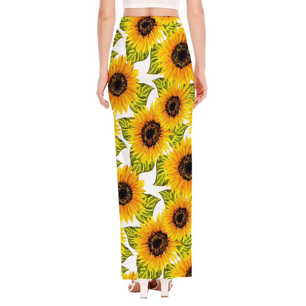 Doodle Sunflower Pattern Print High Slit Maxi Skirt
