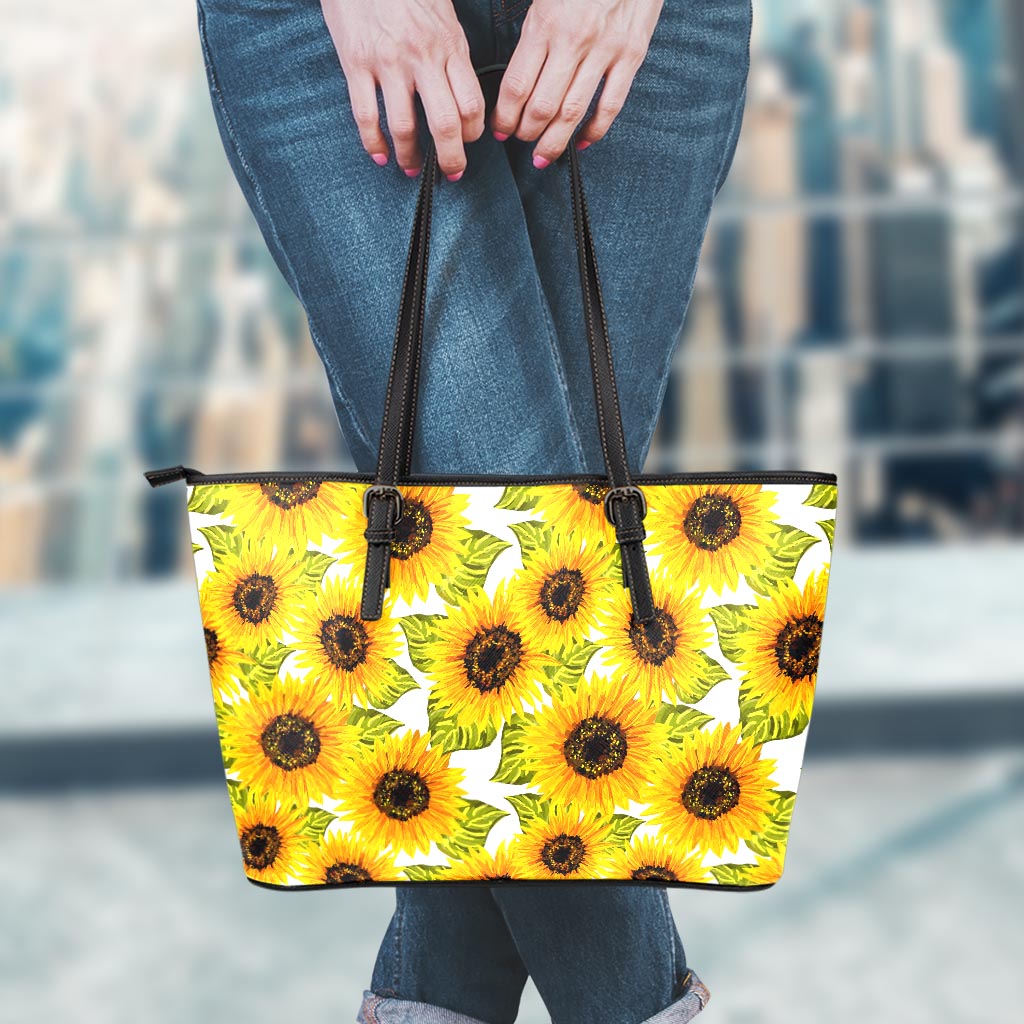 Doodle Sunflower Pattern Print Leather Tote Bag