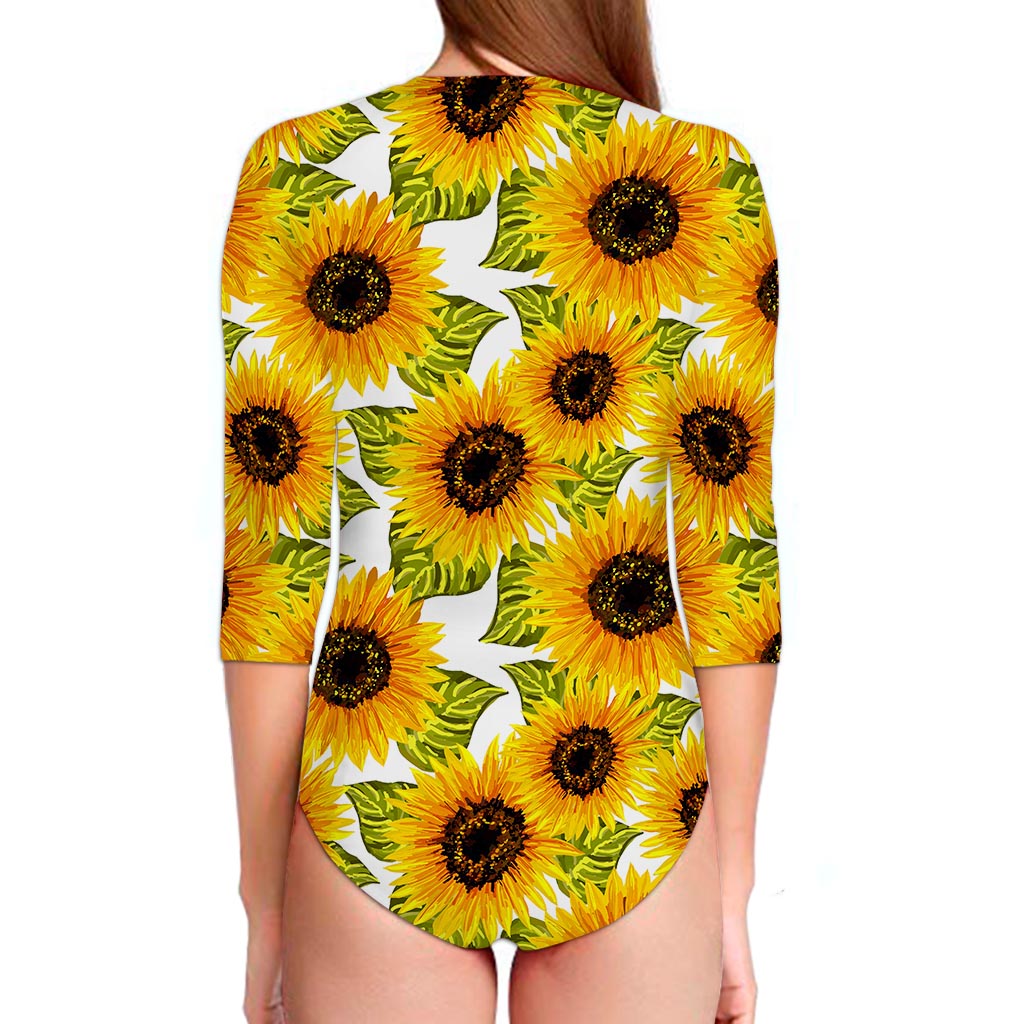 Doodle Sunflower Pattern Print Long Sleeve Swimsuit