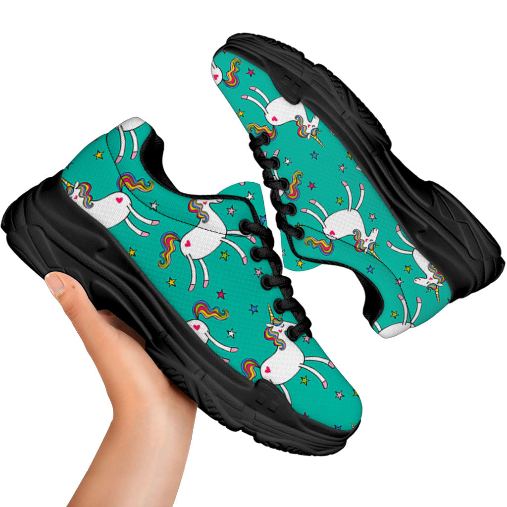 Doodle Unicorn Pattern Print Black Chunky Shoes