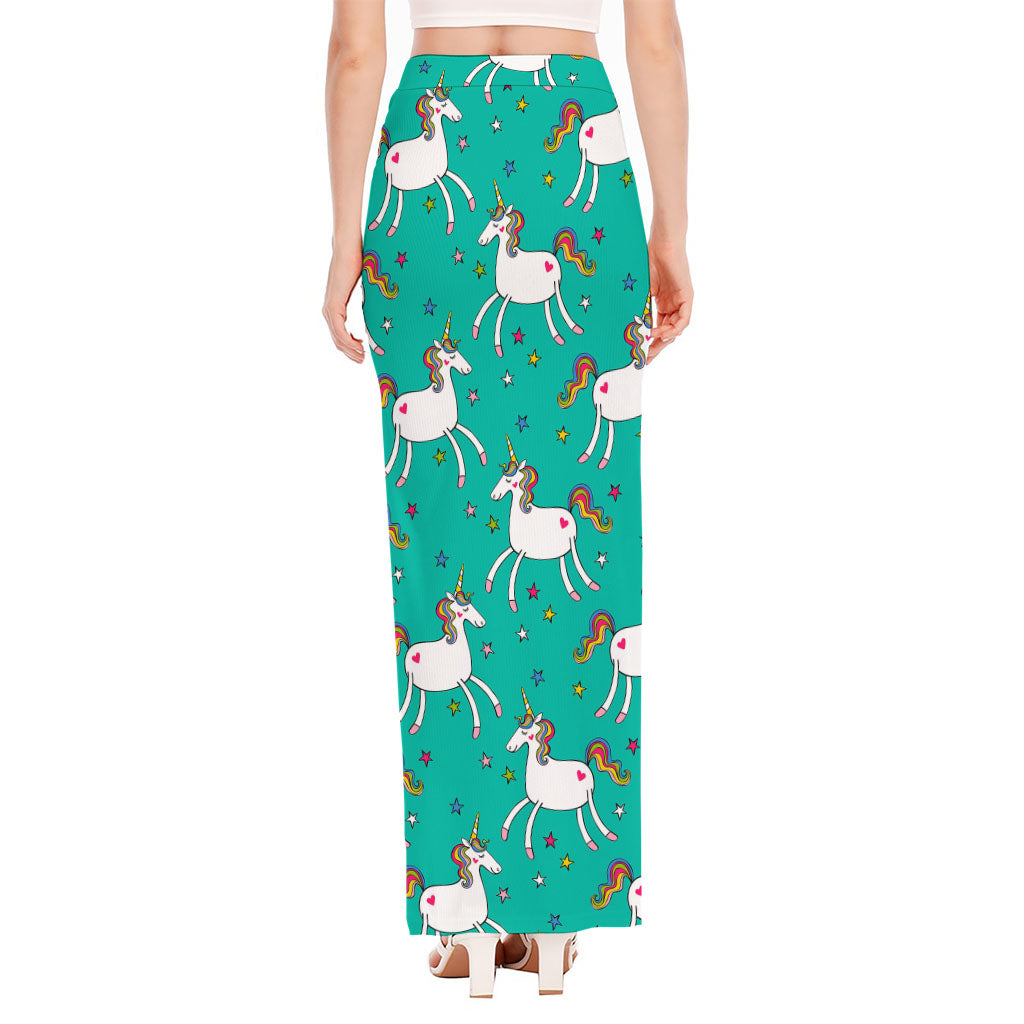 Doodle Unicorn Pattern Print High Slit Maxi Skirt