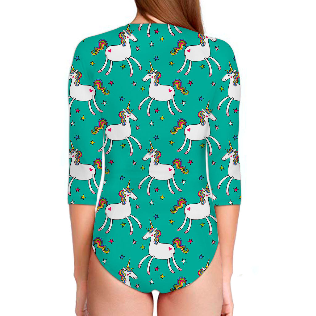 Doodle Unicorn Pattern Print Long Sleeve Swimsuit