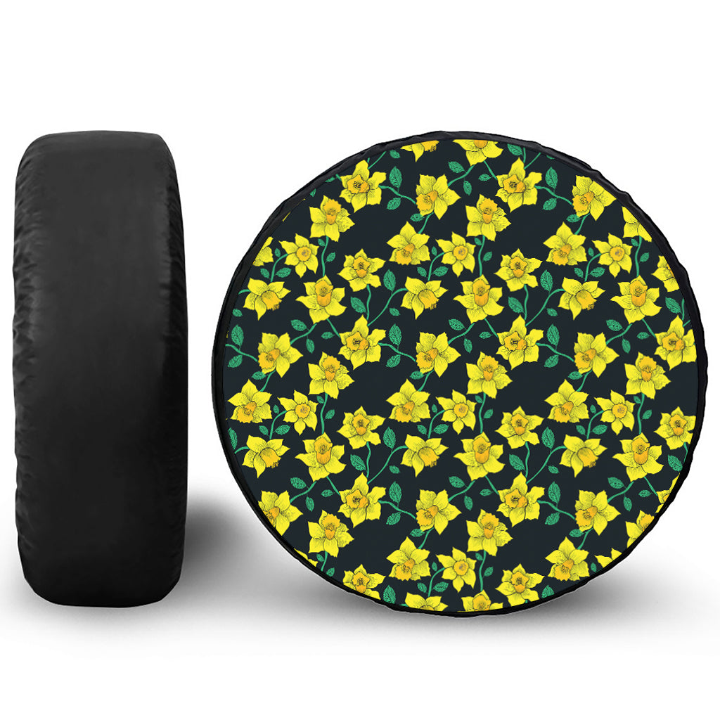 Drawing Daffodil Flower Pattern Print Leather Spare Tire Cover